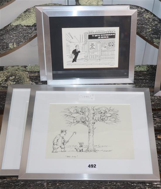 Two pairs of pen and ink cartoons by Honeysett and Ken Pine, largest 19 x 25cm
